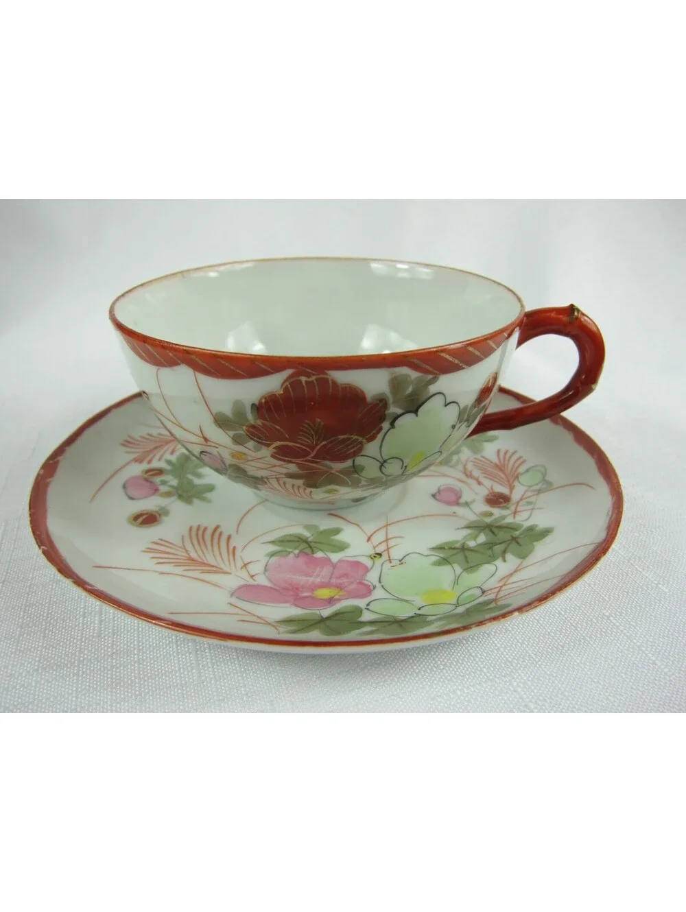 Antique Floral Red Pink Green & Gold Accent Tea Cup & Saucer Set Hand Painted